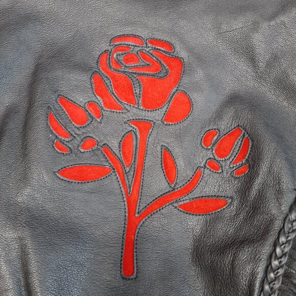 Barney's Women's Black Leather Fringe Inlayed Suede Red Roses Jacket Biker Siz M - Picture 12 of 12